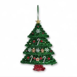 Festive Green Tinsel Christmas Tree Wall Hanging Gingerbread Candy Canes